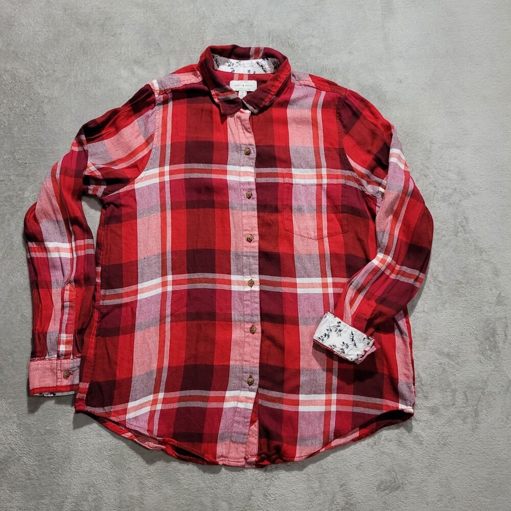 Lucky Brand Plaid 100% Cotton Long Sleeves Womens Button Up Shirt Red Sz M